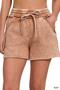 Acid Wash Fleece Drawstring Shorts with Pockets