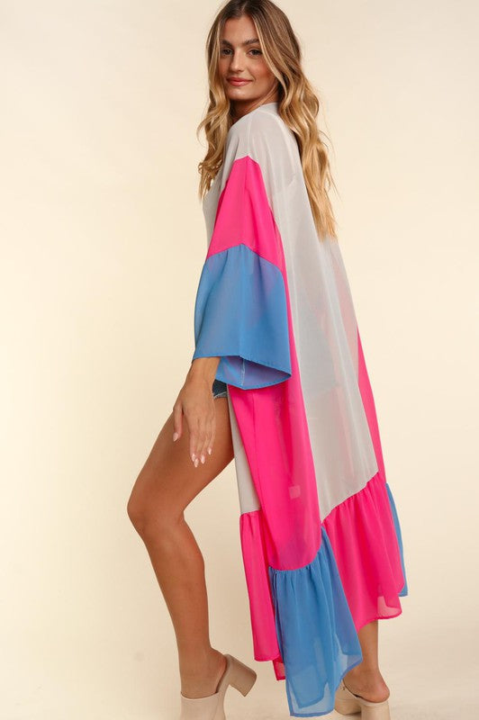 COLOR BLOCK KIMONO MAXI OPEN CARDIGAN