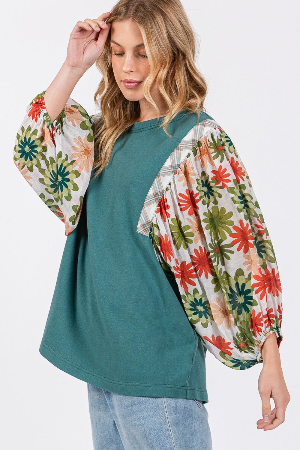 SAGE + FIG Full Size Printed Balloon Sleeve Contrast Top