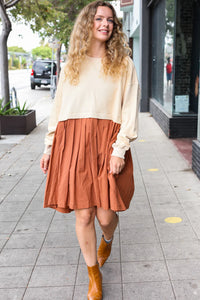 Cream & Rust Pleated Skirt French Terry Cotton Dress